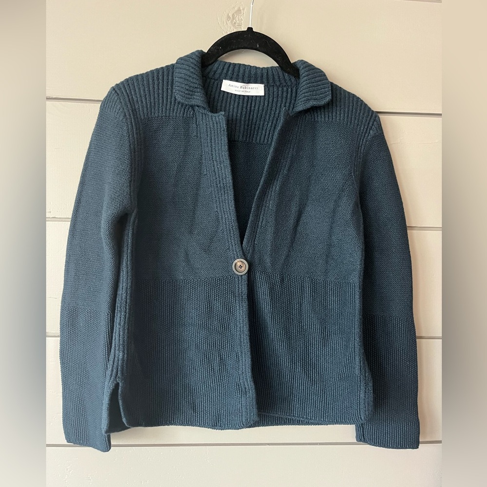 Amina Rubinacci dark teal sweater‎ 100% wool size XS one button with collar EUC